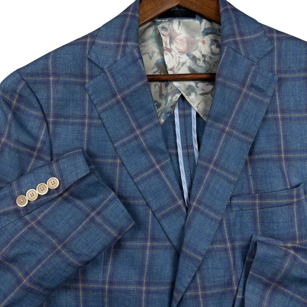 Tallia Blue Windowpane 100% Linen Blazer 42R Floral Lining Plaid Sport Coat Mens
